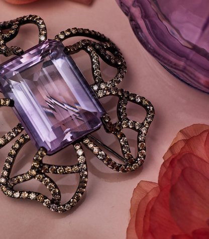 Diamond Flower Brooch with Amethyst