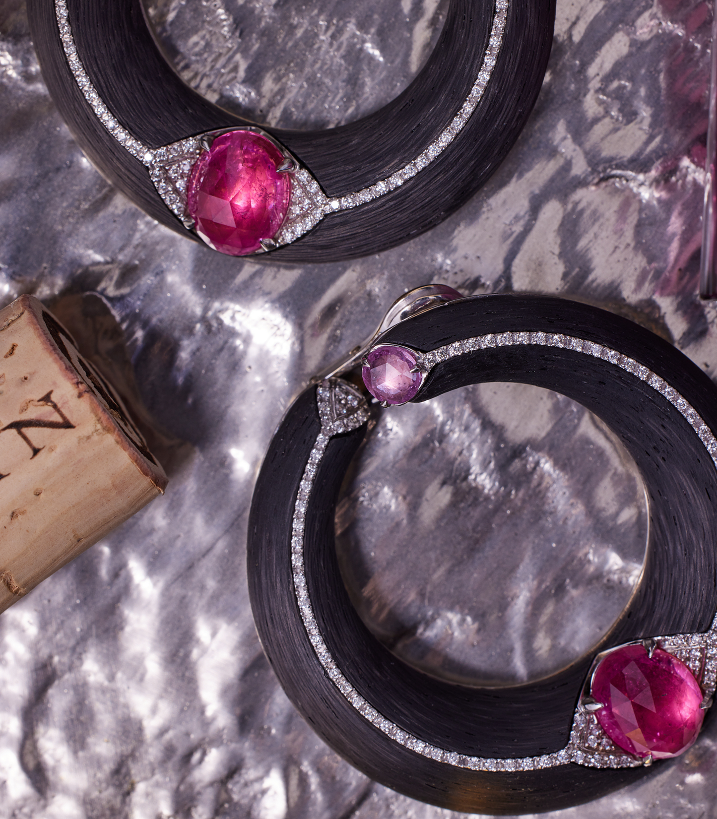 Rubellite & Pink Sapphire Creole Carbon Fiber Earrings