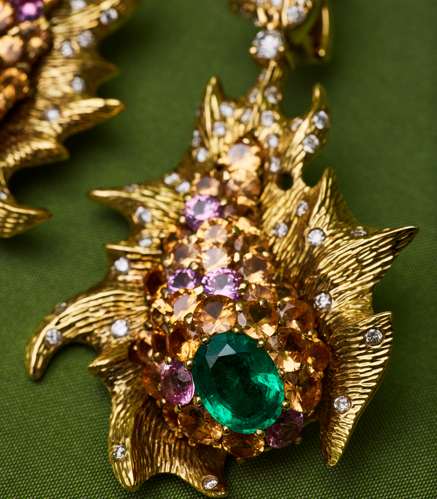 Emerald Lionfish Earrings with Padparascha Sapphires