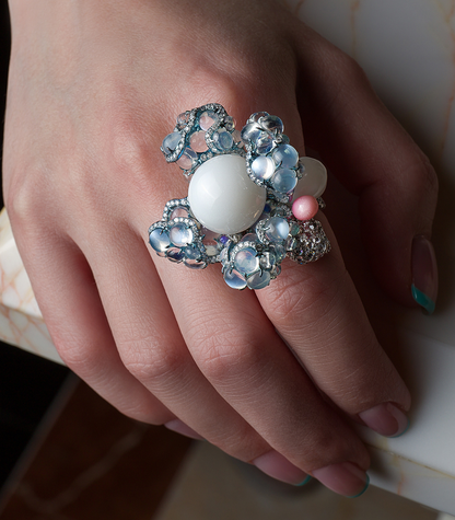 Blue Moonstone & Pearl Flower Ring