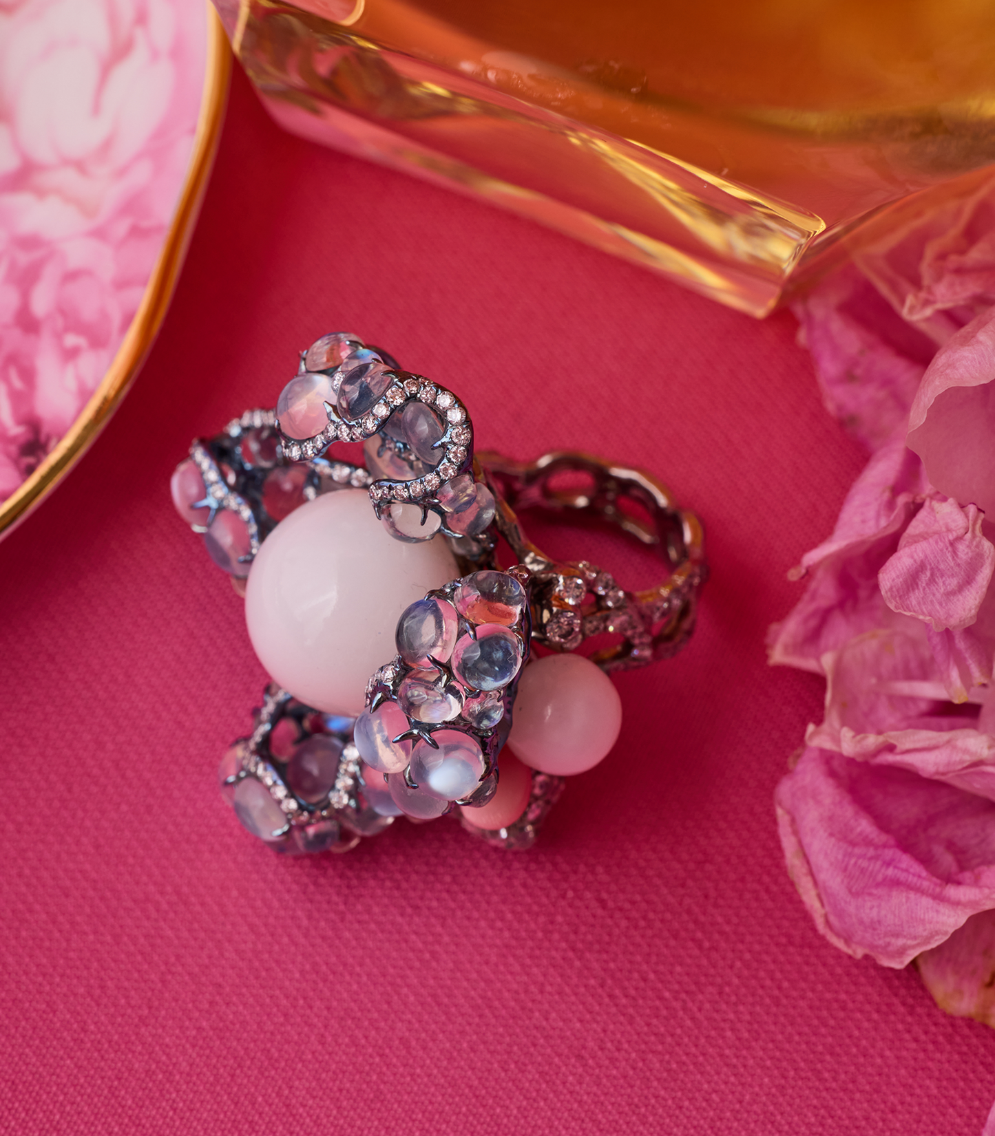Blue Moonstone & Pearl Flower Ring
