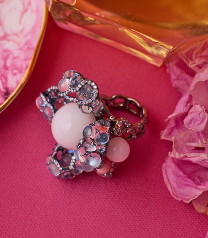 Blue Moonstone & Pearl Flower Ring