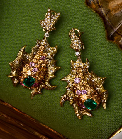 Emerald Lionfish Earrings with Padparascha Sapphires