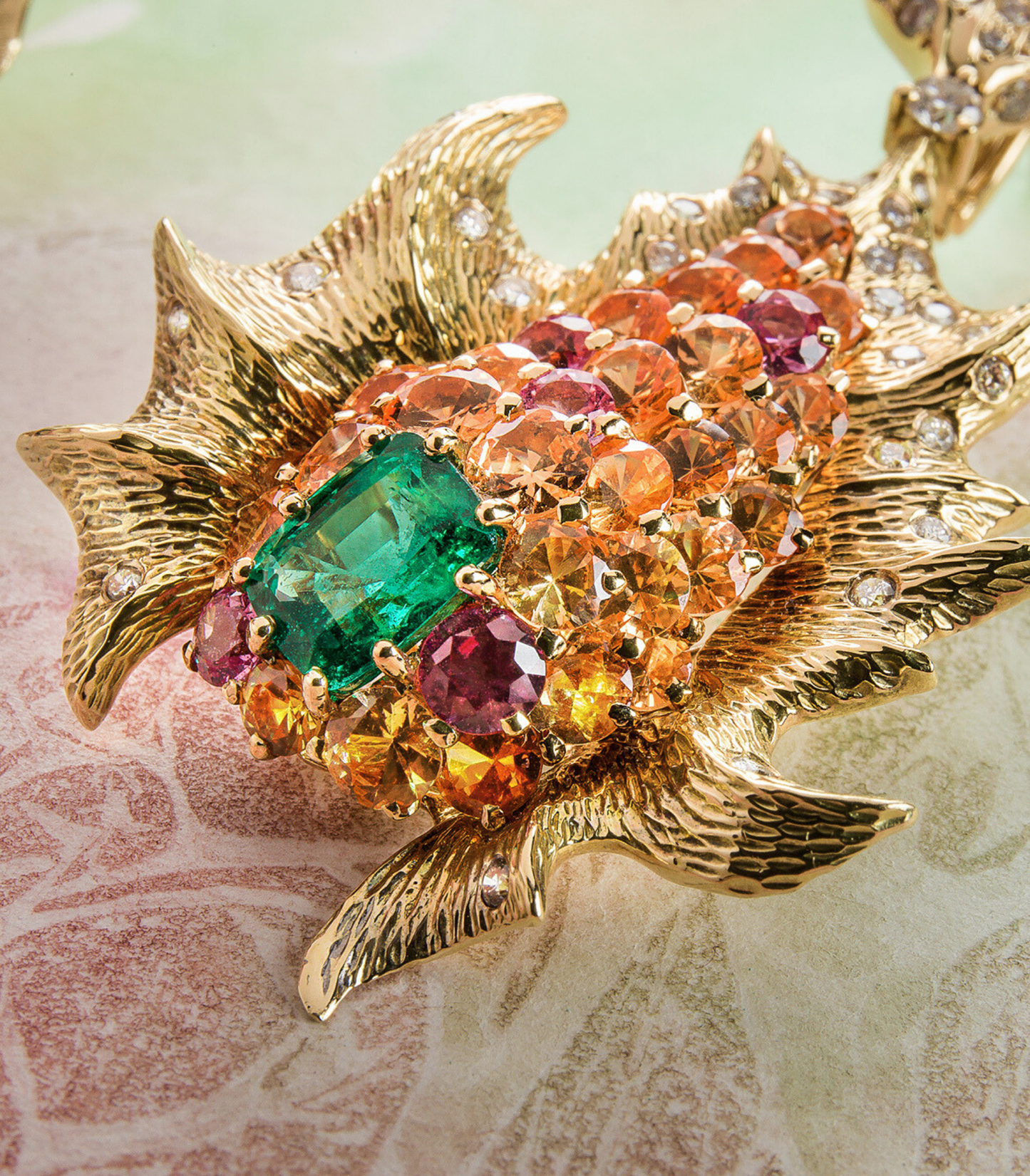 Emerald Lionfish Earrings with Padparascha Sapphires