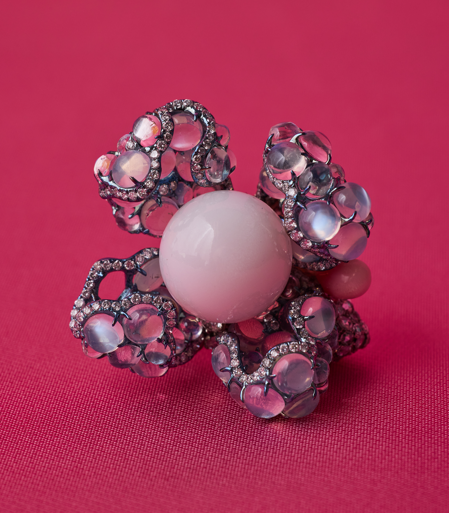 Blue Moonstone & Pearl Flower Ring