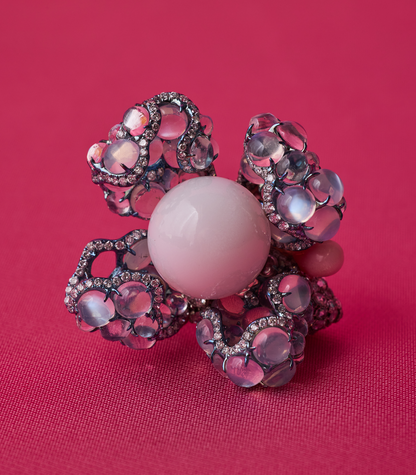 Blue Moonstone & Pearl Flower Ring