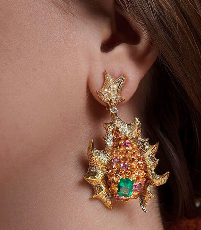 Emerald Lionfish Earrings with Padparascha Sapphires