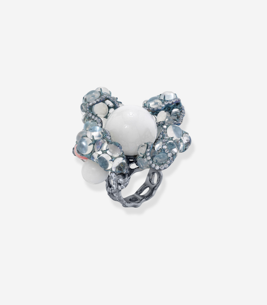 Blue Moonstone & Pearl Flower Ring