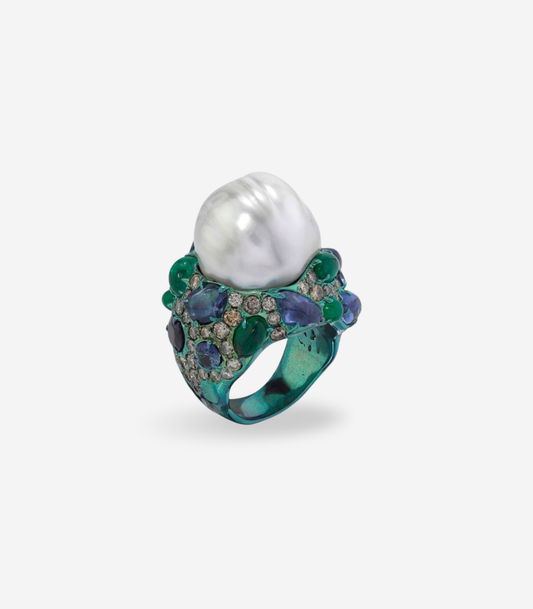 Pearl Encased In Emerald Sapphire & Diamond