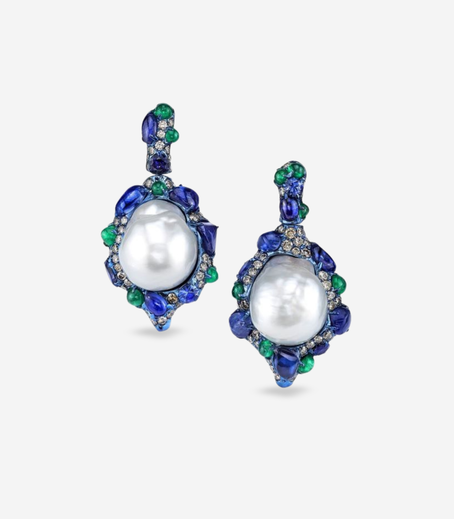 Pearl Encased in Emerald & Sapphire Earrings