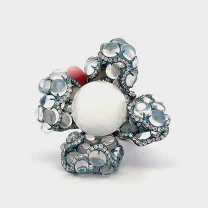 Blue Moonstone & Pearl Flower Ring