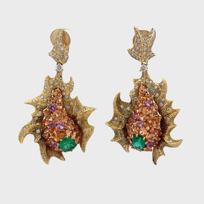 Emerald Lionfish Earrings with Padparascha Sapphires